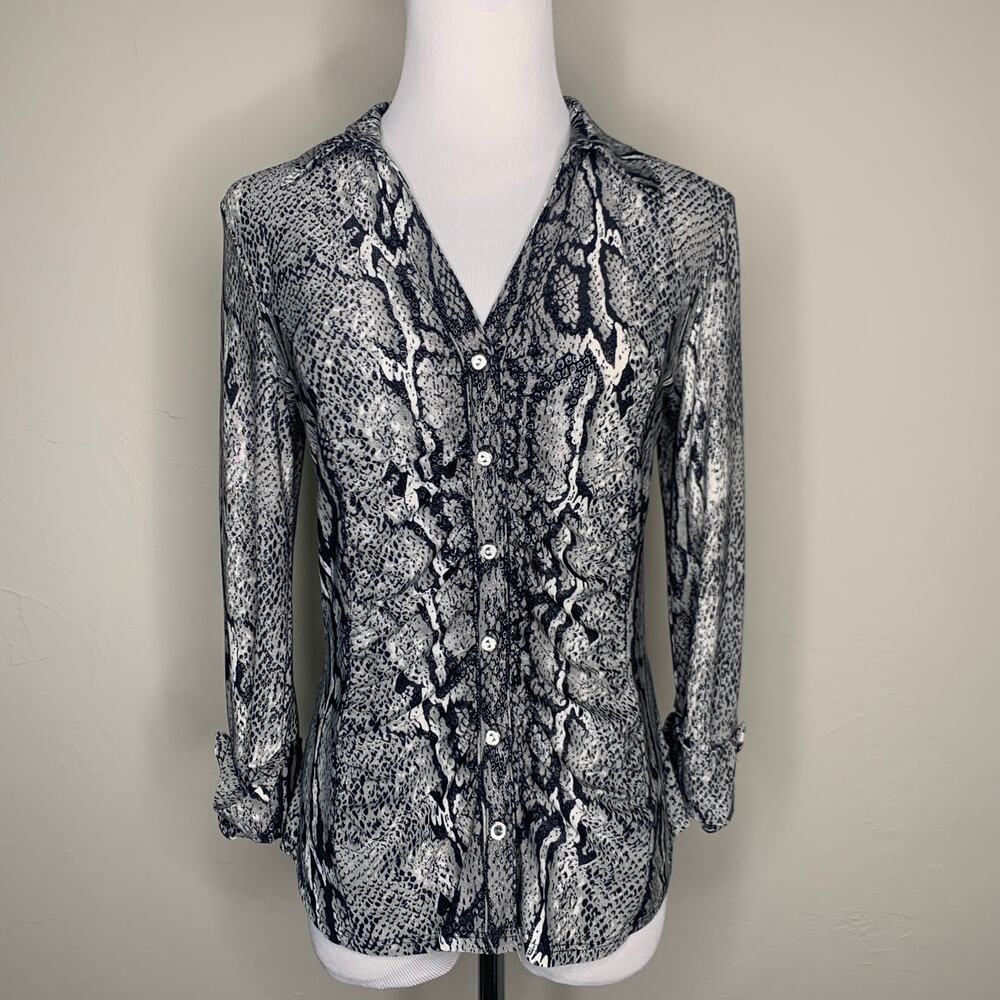 INC Shirrred Front Fitted Blouse Snake Print Sz Small Petite